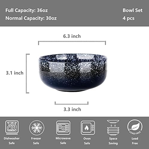S&Q'S CERAMICS Bowl Set of 4, 36 Ounce Kitchen Bowls for Soup, Large Cereal, Breakfast, Oatmeal, Microwave and Dishwasher Safe, [Set of 4], (Navy Blue)