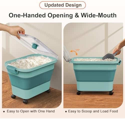 Rice Storage Container, Collapsible Airtight Food Storage Containers 20-30lbs with Clear Lid and Wheels, Rice Dispenser with Scoop for Flour Cereal Pasta Grain, Cat Pet Bird Dog Food Storage Container