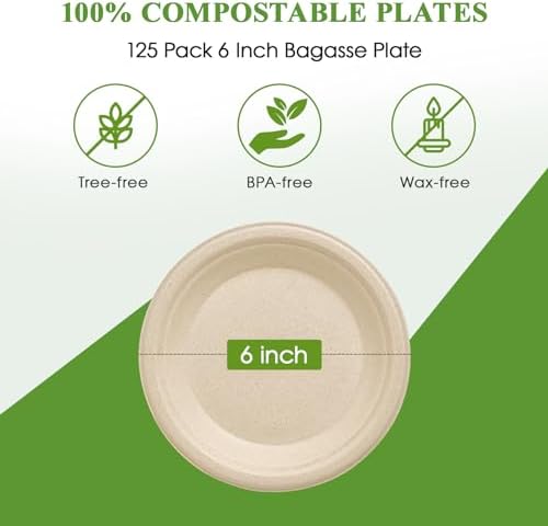 Vplus 125 Pack Compostable Bagasse Paper Plates 6 inch, Nature