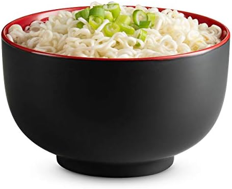 KooK Ramen Bowl, Japanese Bowls, Noodle Bowls, Large Soup Bowl, Ceramic, Large Capacity, For Ramen, Pho, Udon, Soba, Microwave and Dishwasher Safe, 34 oz, Set of 4 (Black/Red)