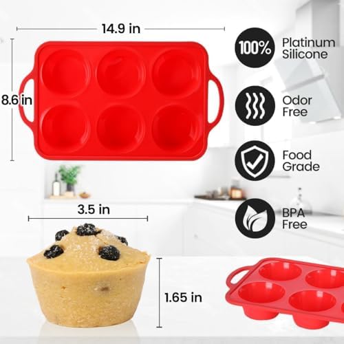 CAKETIME Large Muffin Pan Jumbo, Metal Reinforced Frame 3.5 Inch Large Silicone Cupcake Pan 6 Cup Jumbo Muffin Tin for Baking Easy to Handle