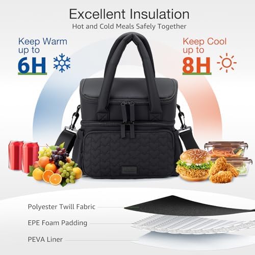 Double Deck Lunch Bag for Women, Black-M