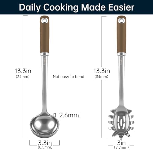 Safring Stainless Steel Soup Ladle and Spaghetti Spoon Set, Heat Resistant Rubber Handle, Dishwasher Safe, Kitchen Utensils for Cooking, Stirring, Serving Pasta, Soup & Sauce (Coffee)