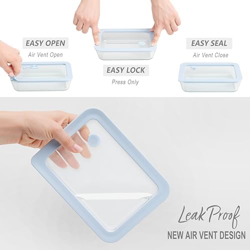 Glass Food Storage Containers with Lids, Plastic Free Semi-Tempered Glass Lids with Silicone Air Vent, Airtight & Leak-Proof Meal Prep Container Set, Oven, Microwave, Freezer & Dishwasher Safe