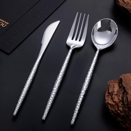 SUT 300PCS Silver Plastic Silverware, Disposable Utensils, plastic cutlery Set Includes 100 Knives, Forks and Spoons, Disposable Silverware for Party, Hammered Silverware Set