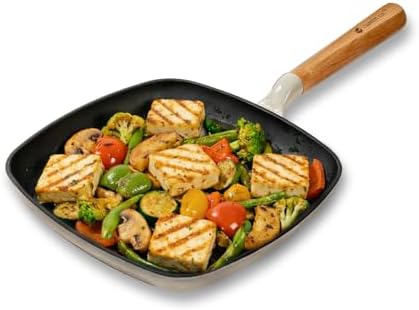 CUMIN CO. Enameled Cast Iron Grill Pan 10 Inch, 1.2 QT Grill Skillet – Non Toxic PFAS Free Cookware – Indoor Grill Pan for Steak, Chicken, Burgers & Vegetables – Induction & Oven Safe (White)