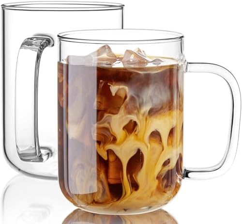 Glass Coffee Mugs, 24 oz Ice coffee cups, Large Clear Tea Cups Set of 2, Glass Mugs with Handles, Glass Cups for Latte, Cappuccino, and Tea