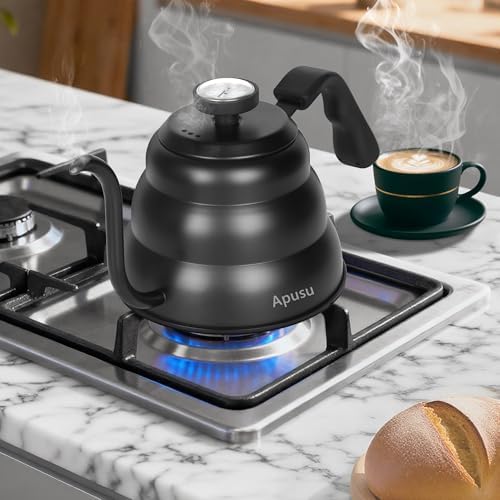 Tea Kettle For Stovetop,Pour Over Tea Coffee Kettle,Thermometer,Black,28oz