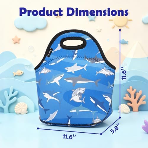 FlowFly Neoprene Kids Lunch box Insulated Soft Bag Mini Cooler Thermal Meal Tote Kit for Boys, Girls,Men,Women,School,Work, Office, Shark