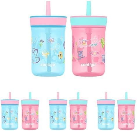 Contigo Leighton Kids Water Bottle,14oz,Spill-Proof,Blue Raspberry/Azalea & Butterlies/Llamas,Dishwasher Safe Tumbler with Straw,(Pack of 8)