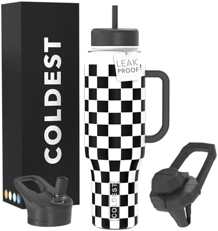 Coldest Tumbler with Handle and Straw, 100% Leak Proof Insulated Tumbler with Lid and Straw (3 Lids), Stainless Steel Tumblers for Women & Men, Cup Holder Friendly, 46 oz (Black Checkers)