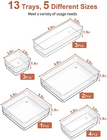 SMARTAKE 13 PCS Drawer Organizer 5-Size Desk Makeup Drawer Organizer Clear