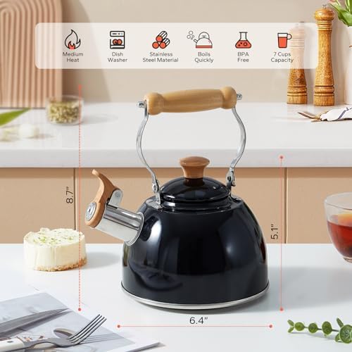 ROCKURWOK Whistling Tea Kettle for Stove Top, 1.6 Qt Small Tea Pot, Black