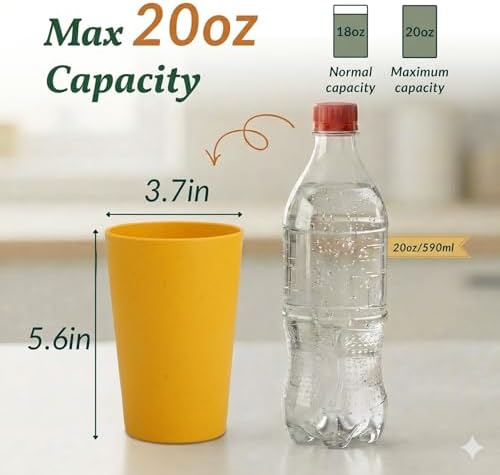 Homienly Reusable Plastic Cups - Wheat Straw Unbreakable Drinking Glasses & Water Glasses | Multi-Color Stackable Plastic Cups, Dishwasher Safe | Glassware & Cup Sets for Kitchen (20 oz 8-Pack)