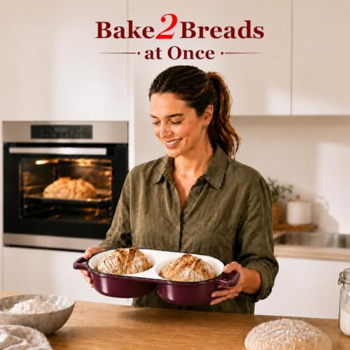 Double Dutch Oven for Sourdough Bread Baking,2.2QT Enameled Cast Iron Dutch Oven Pot with Lid,500°F Oven Safe Non Stick Bread Loaf Pan,Sourdough Baking Pan for Homemade Baking（Burgundy）