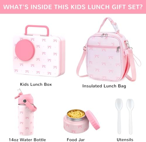 Kids Bento Lunch Box with Food Jar, Water Bottle, Lunch Bag, Bow