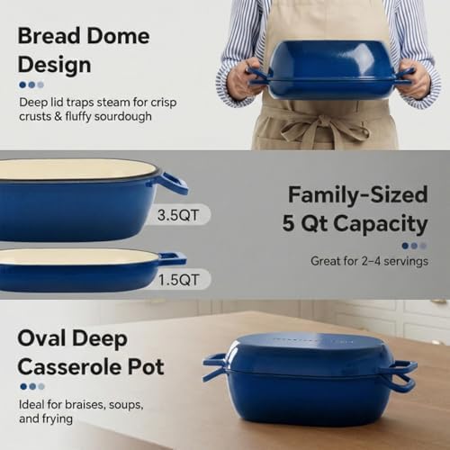 Northriver Casting Enameled Cast Iron Oval Dutch Oven for Bread Baking，12"x8" Bread Pot with Lid，Ideal for Sourdough, Artisan Loaves & Family Meals，5 Qt