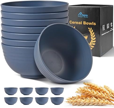 HOTEC 8-Pack 26oz BPA Free Wheat Straw Cereal Plastic Bowls, Classic Blue
