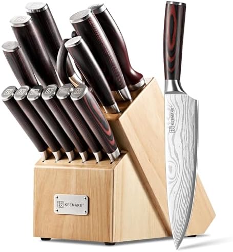 KEEMAKE 14 Pcs Kitchen Knife Set with Block, Ultra Sharp Knife Block Set