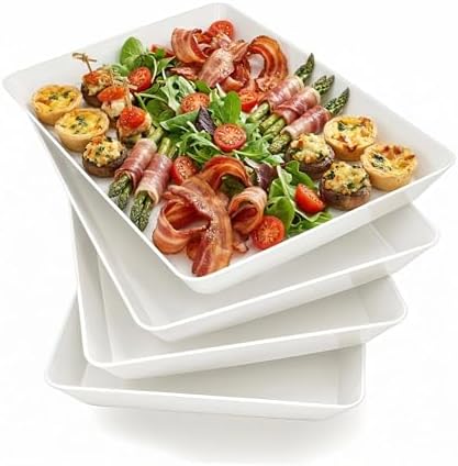 Serving Tray Platter, 16'' x 11'' 4 Pcs Food Tray for Veggie Fruit Snack Dessert Cookie, Food Trays for Party Supplies Display, Plastic Platters for Serving Food, Large White Trays, BPA Free