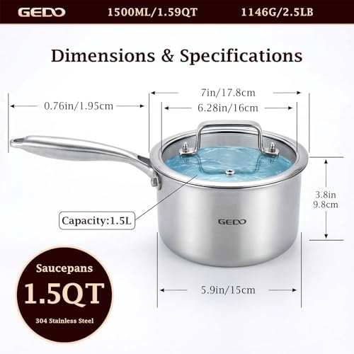 GEDO 3-Ply 304 Stainless Steel Saucepan with Lid, One-Piece Rivet-Free & Seamless Design, Angled Spout & Heat-Resistant Handle, Universal Stovetop Compatible for Indoor Cooking (6.3in / 16cm Size)