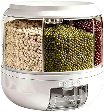 Rotating Grain Storage Bin 6 Grids Rice Container One-Click Output Large Capacity Food Dispenser For Rice Grains Sealed Moisture Proof Organizer (White)