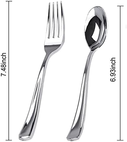 BUCLA 200 Pieces Silver Plastic Silverware - Heavy Duty Disposable Cutlery set - 100 Silver Plastic Forks, 100 Disposable Spoons for Catering, Parties, Dinners, Weddings and Christmas