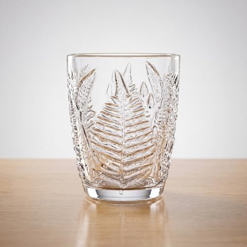 Clear Drinking Glasses Set of 4, 10 oz Glass Cups, Vintage Fern Glassware