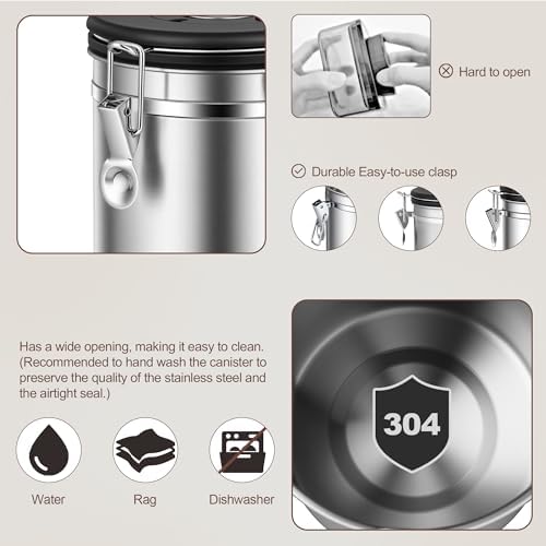 ShanSon Coffee Canister Airtight, Stainless Steel Bean Storage Container with Date Tracker & Scoop, Grounds Sugar Flour Tea Cereal Fits Kitchen Pantry, Ideal Gift for Coffee Lovers,16oz,Silver