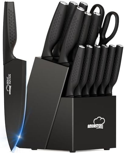 Knife Set, 15 Pieces Kitchen Knife Set with Block Built in Sharpener, Dishwasher Safe, German Stainless Steel Knife Block Set, Elegant Black