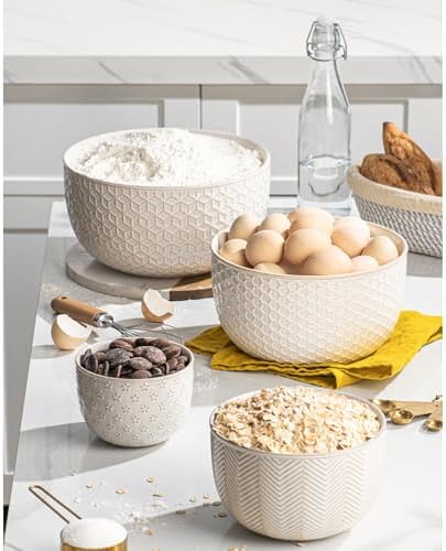 Ceramic Mixing Bowls, Embossed Nesting Bowls Set of 4, Mixing Bowl Set for Serving, Baking, Cooking and Gift, Microwave and Dishwasher Safe, 20/47/99/148 oz, Off-White