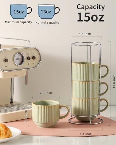 HASENSE Ceramic Coffee Mugs Set of 4 with Rack - 15 oz Stackable Large Porcelain Ribbed Latte Cup Set for Cappuccino, Tea, Hot Cocoa, Drinks - Dishwasher & Microwave Safe, Sage Green