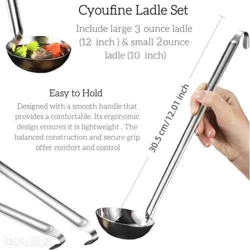 Stainless Steel Ladle 3 & 2-Ounce 2PC, Metal Kitchen Soup Ladle Spoon 12 inch & 10 inch Cooking Utensil.