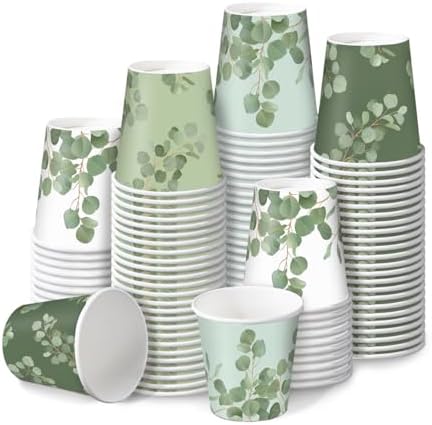 RUSPEPA 2 oz Bathroom Cups, Disposable Paper Cups - 100 Pack Set Eucalyptus Design Printed - Mini Mouthwash Rinse Paper Cups for Home, Bathroom, Picnic, Party, and Events