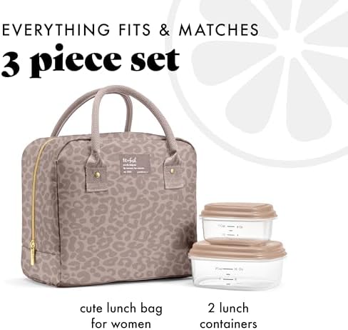 Fit & Fresh Bloomington Lunch Bag for Women - Insulated Large Lunch Box for Work with Containers, Leak-Resistant, Stain-Resistant, Zipper Closure, Mocha Feline Fine