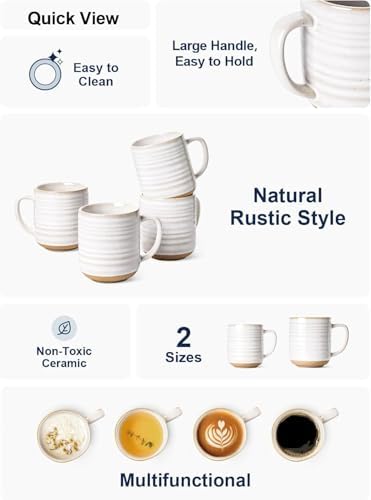 LE TAUCI Ceramic Coffee Mugs Set of 4, 18 oz, Rustic Style, Arctic White