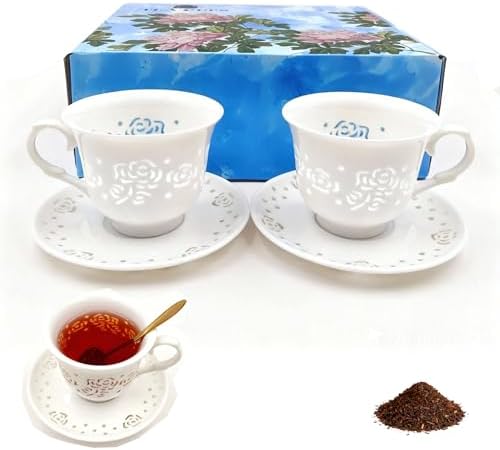 Tea Cup and Saucers Set of 2 Vintage Tea Mug Set Cutout Rose Floral Porcelain Tea Cup Saucer and Spoon Set with English Black Tea Set as Elegant Gift for Women,Tea&Coffce Lover