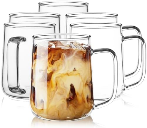 Large Glass Coffee Mugs, 24 oz Glass Coffee Cups Set of 6, Clear Borosilicate Glass Mugs with Handles for Cappuccino, Tea, Latte, Hot/Cold Beverages, Wine, Americano, Smoothies
