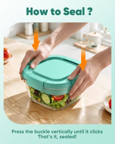 Canfanni Glass Salad Container, 56oz Bowl with Airtight Lids, Tray, Fork