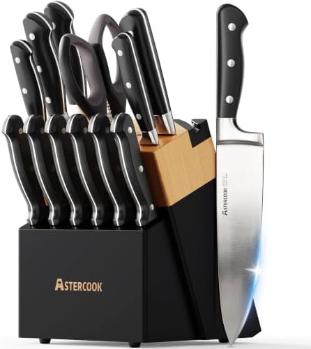 Astercook Kitchen Knife Set Full Tang with Block and Sharpener Elegant