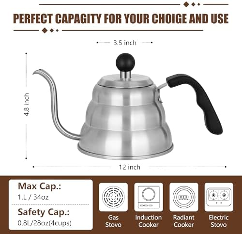 Tea Kettle For Stovetop,Steel Coffee Pot,Drip Pour Over Kettle,Silver,28 oz