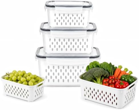 3 Pcs Fruit Storage Containers for Fridge, Produce Storage Containers with Removable Colander Basket & Airtight Lid, BPA-free food storage containers, for Fruits, Vegetables & Meat Grey