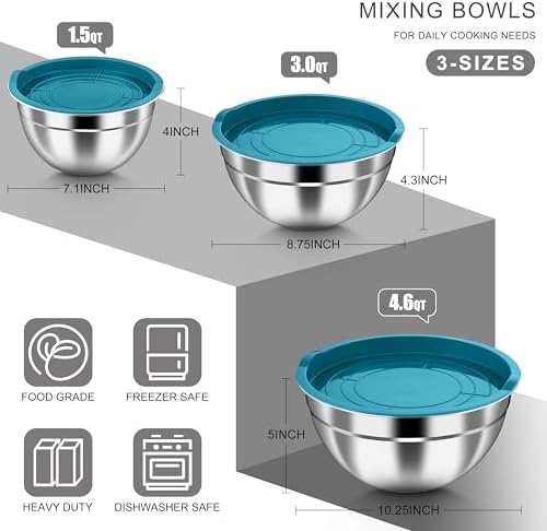 HaWare Mixing Bowls with Airtight Lids, 6-Piece Stainless Steel Salad Bowls