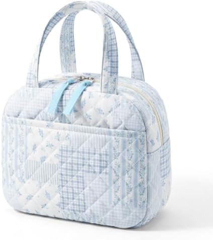 WOBAGMEN Quilted Lunch Box for Women,Coquette Aesthetic Lunch Box,Cute Blue Floral Patchwork Lunch Bags for Work,Office,Picnic,Travel(blue floral pin)