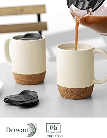 DOWAN Coffee Mugs Set of 2, 15 OZ Ceramic Mug with Cork Bottom and Splash Proof Lid, Large Coffee Cup with Handle for Tea Latte, Beige