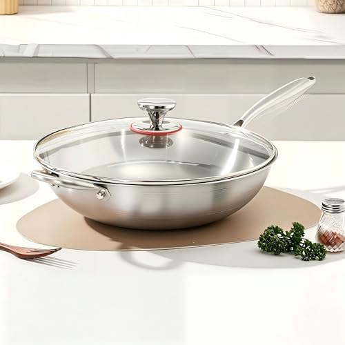 Stainless Steel 316 Wok with Glass Lid, Tri-Ply Stir Fry Pan with Handle, Induction Compatible (13 inch)