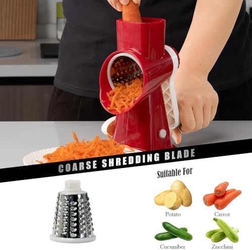 Badelite Cheese Grater Hand Crank Rotating Cheese Shredder Stainless Steel Vegetable Slicer Grater for Kitchen 3 Blades for Cheese, Carrot, Cucumber, Nuts, Chocolate, Red