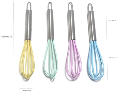 Mini Whisks 6 inch 4Pcs silica gel stainless steel Whisk, Hand Egg Mixer for Flour Cake Egg, Kitchen Cooking Baking Use Whisk （purple，yellow，cyan，blue）