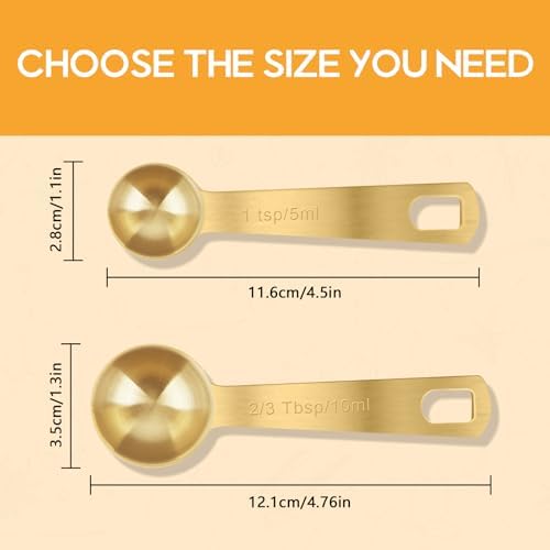 2 PCS 2 Teaspoon(10 mL, 2tsp, 2/3tbsp) Stainless Steel Single Measuring Spoon, Easy to Use and Easy to Wash Metal Measuring Scoop Kitchen Gadgets for Cooking & Baking(Gold)