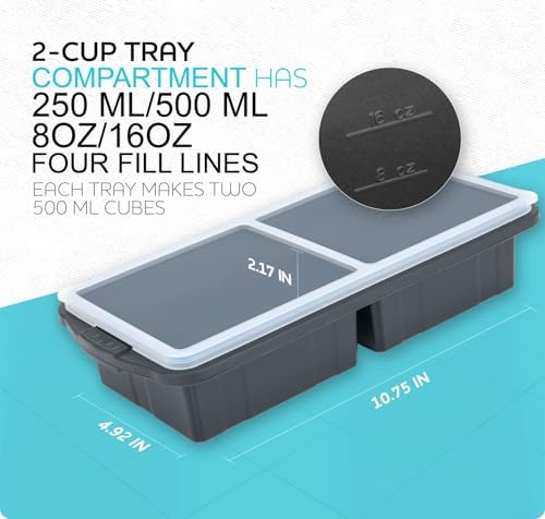 XOMOO Silicone Freezer Tray With Lid-Soup Freezer Container molds-2-cup Extra Large Ice Cube Tray-makes 4 perfect 500ml portions cubes, For freezing soup,stews,sauces.Oven&Dishwasher-Safe(2-Pack)
